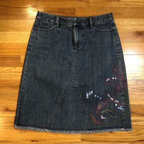 WOMENS KATE HILL BLUE SEQUINED RAW EDGE A-LINE DENIM SKIRTS 4P - Picture 1 of 7